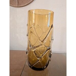 Vtg Hand Blown Amber Glass Lattice Vase Mid Century Modern MCM Pontil Mark 12.5"